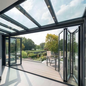 Bi Folding Glass Door for Deck Black Aluminium Frame Double Leaf for Front Entrance