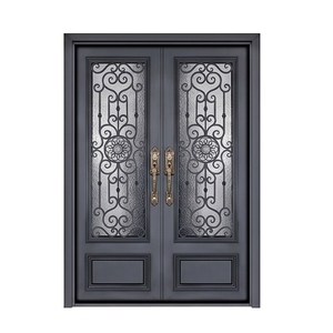 Cast Aluminum Carved Art Glass Entry Door European Dark Grey Decorative Double Exterior Front Door for Courtyard